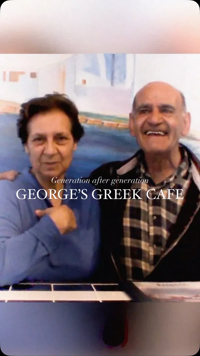 Two people smiling together; on-image words say George’s Greek Cafe has served generation after generation.