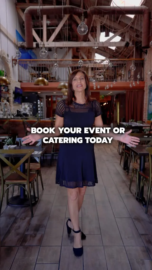 Nicky in George’s event space; on-image words invite event and catering bookings.